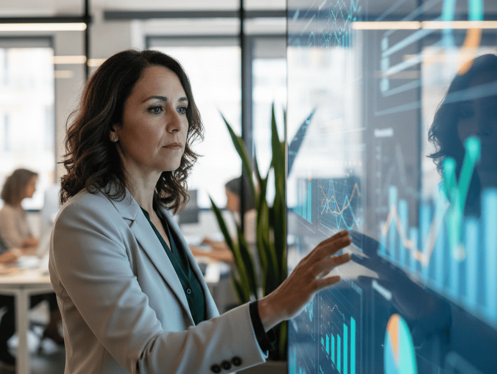 CFO analizando dashboard financiero interactivo con gráficos de KPI, métricas de rendimiento empresarial y visualizaciones de datos en tiempo real en una oficina moderna con ambiente profesional