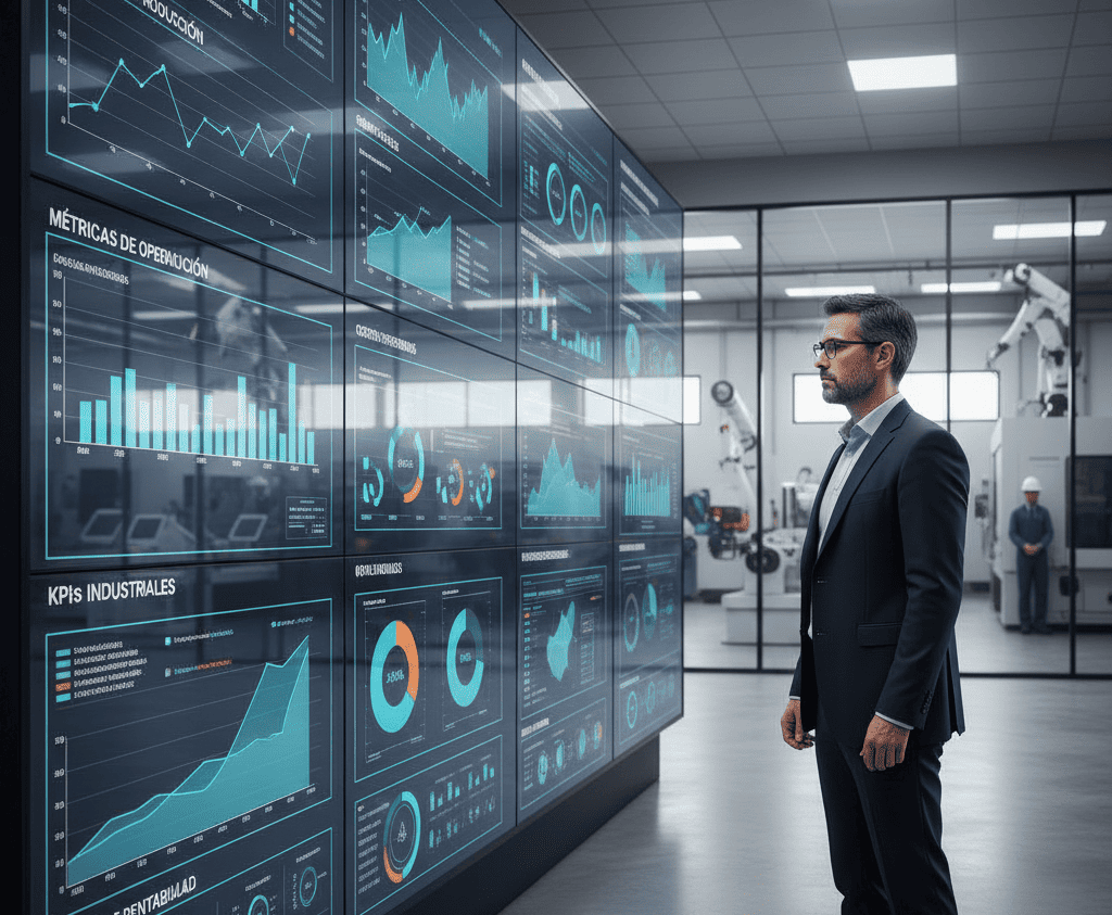 Director financiero de empresa manufacturera mediana analizando dashboard con métricas de producción, costos operativos y márgenes de rentabilidad en pantalla grande, con gráficos de tendencias y KPIs industriales