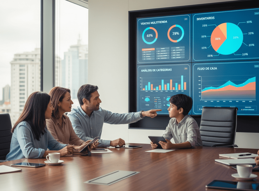 Familia empresaria propietaria de cadena retail revisando dashboards de ventas multitienda, inventarios, análisis de categorías de productos y flujo de caja en sala de reuniones moderna con ambiente colaborativo