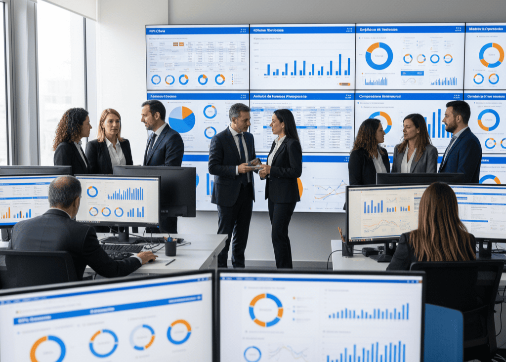 Múltiples pantallas mostrando diferentes dashboards financieros con KPIs, gráficos de tendencias, análisis de varianza presupuestaria, comparativas interanuales y métricas operativas en diseño moderno y profesional